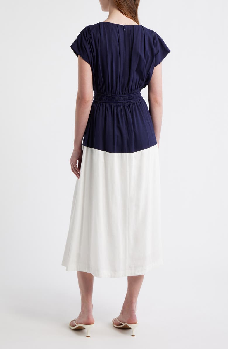 ZOE AND CLAIRE Colorblock Pleat Tie Belt Dress, Alternate, color, Navy