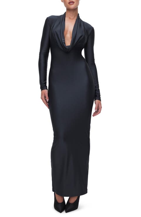 Cowl Neck Long Sleeve Stretch Jersey Maxi Dress