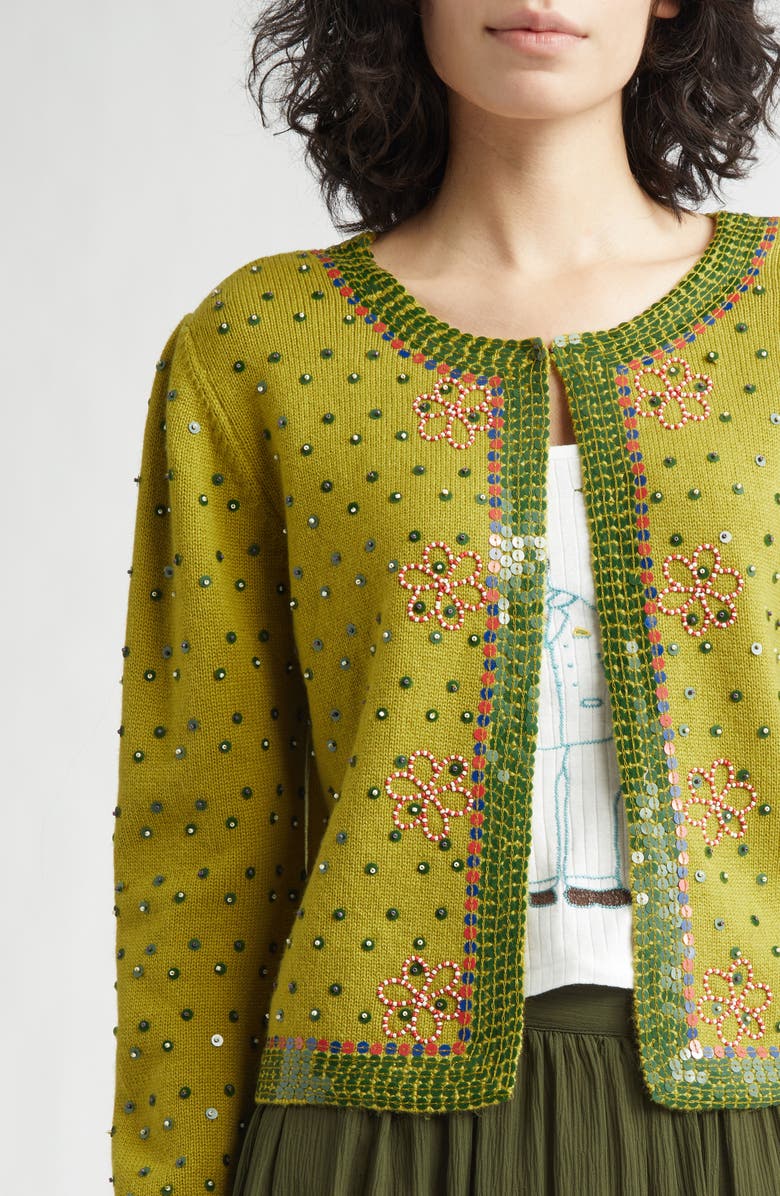 Bode Fairyfloss Beaded Wool & Cashmere Cardigan, Alternate, color, Green