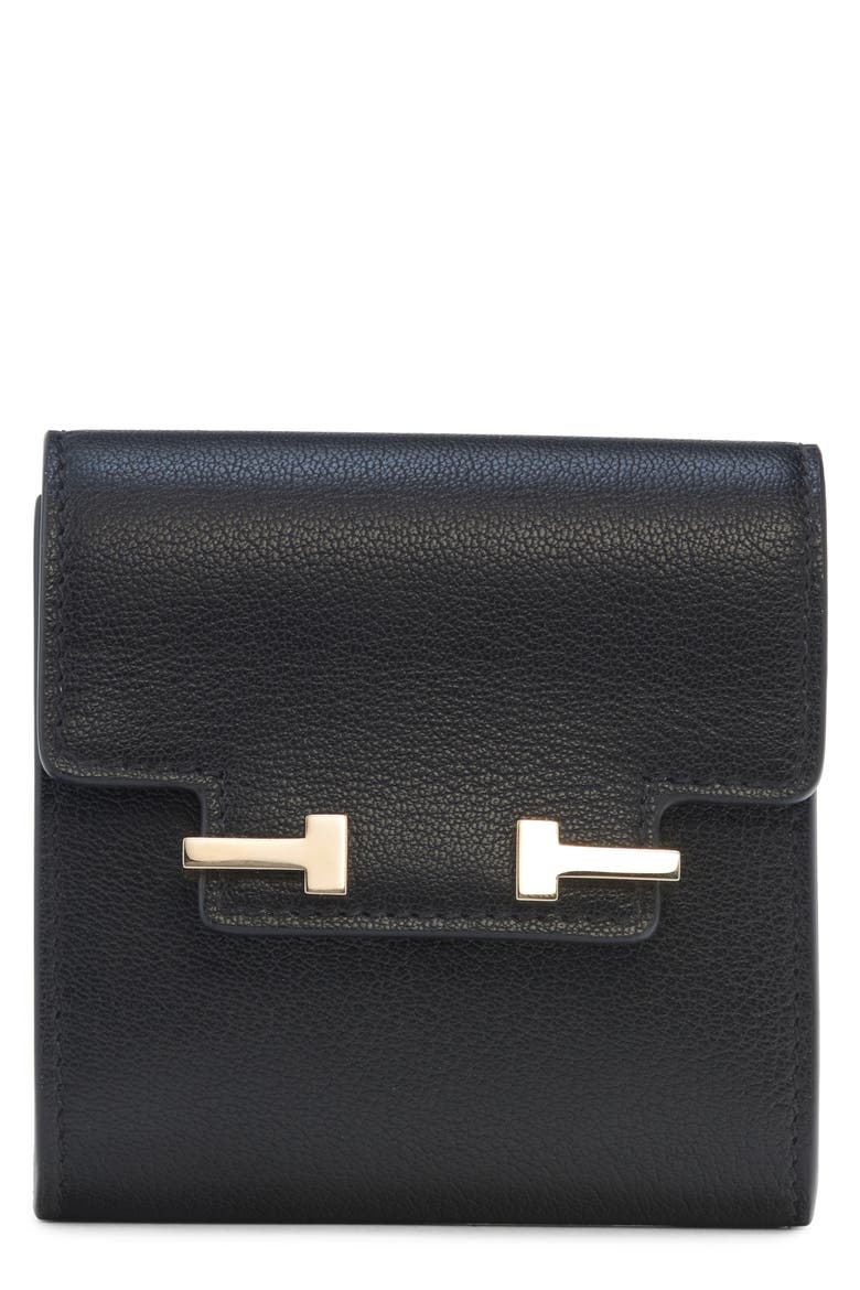 Double T Leather Card Holder, Main, color, BLACK