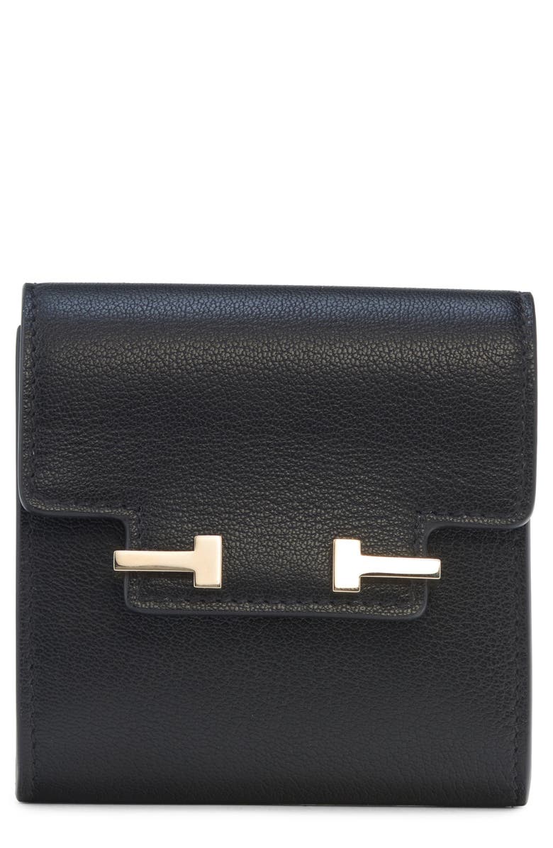 TOM FORD Double T Leather Card Holder, Main, color, Black