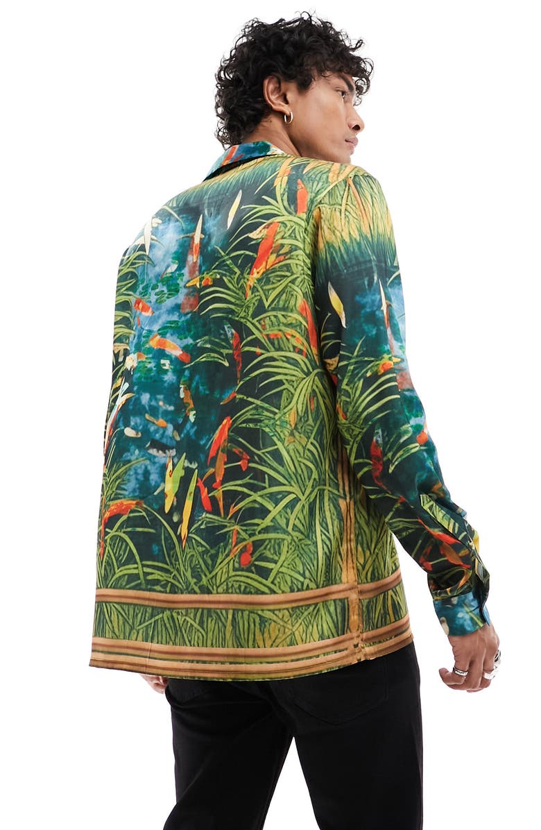 ASOS DESIGN Tropical Print Satin Button-Up Shirt, Alternate, color,