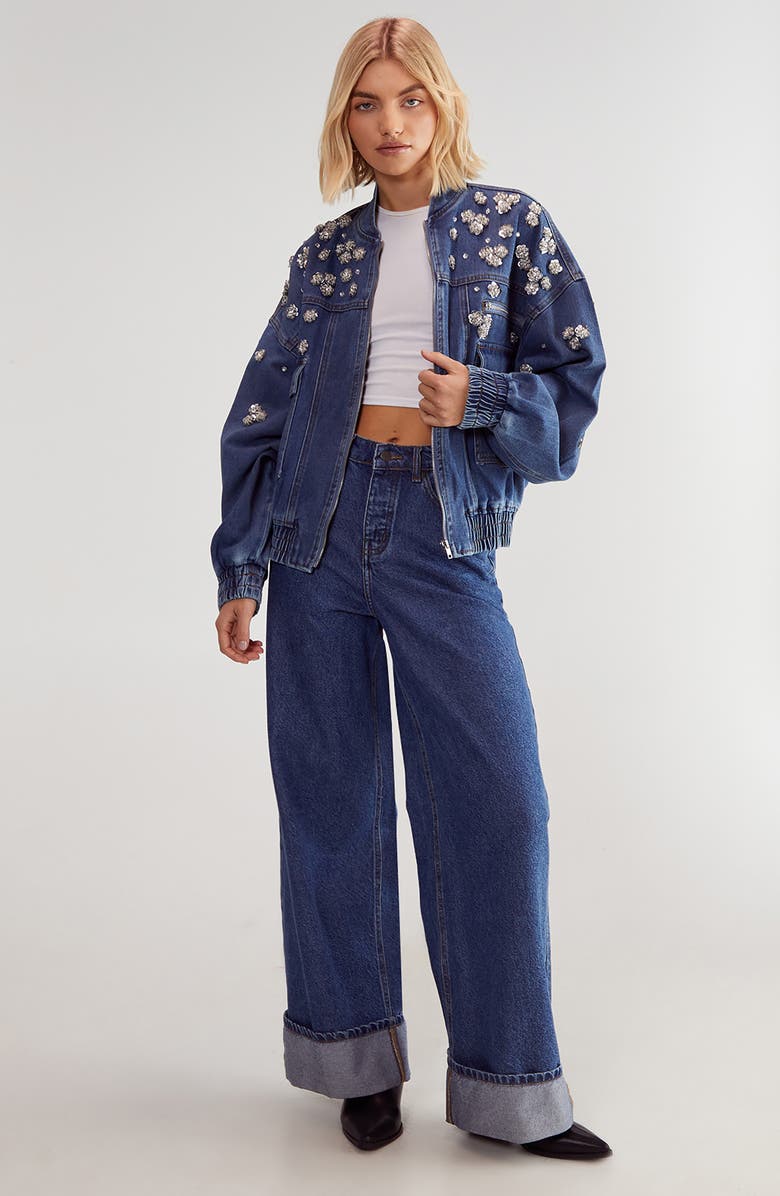NASTY GAL Embellished Flower Appliqué Oversize Denim Bomber Jacket, Alternate, color, 