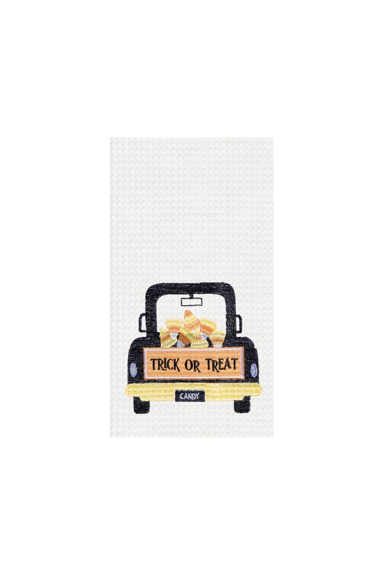Trick or Treat Candy Corn Truck Halloween Embroidered Cotton Waffle Weave Kitchen Towel, Main, color, Orange