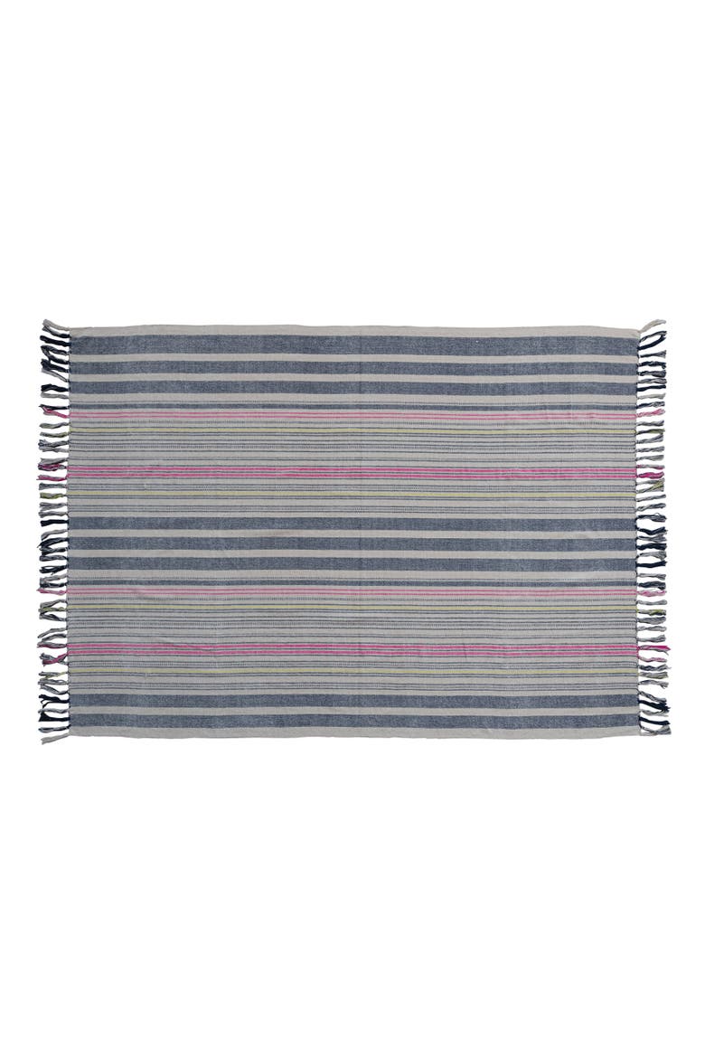 Cotton Blend Throw Blanket with Stripes and Fringe, Main, color, Blue