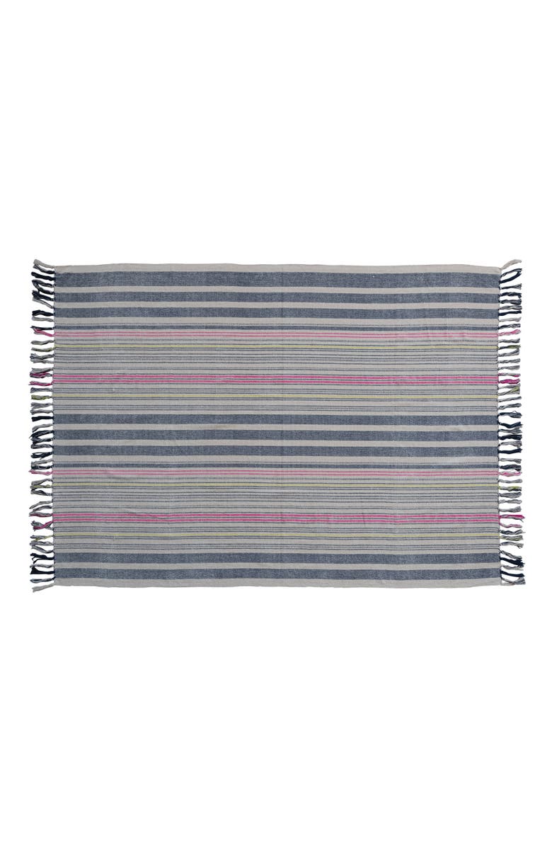 Storied Home Cotton Blend Throw Blanket with Stripes and Fringe, Main, color, Blue