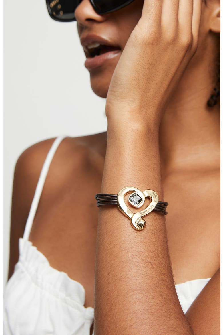 Black Crystal Heart Leather Bracelet, Alternate, color, Gold