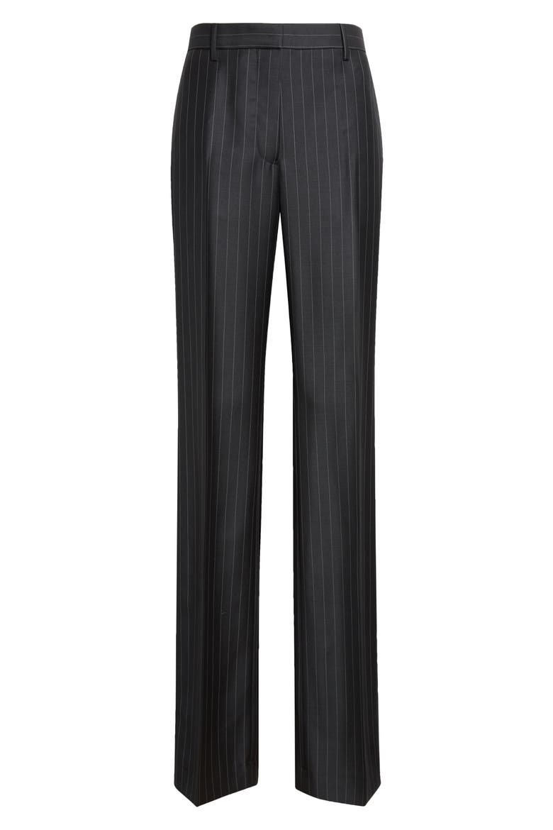 Pinstripe Wool Grain de Poudre Trousers, Main, color, BLACK