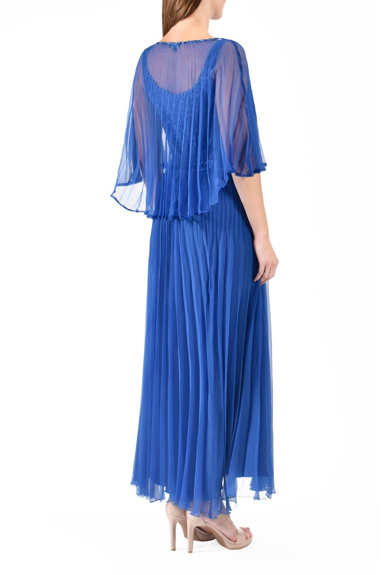Sunburst Pleated Chiffon Blouson Midi Dress, Alternate, color, NAVY