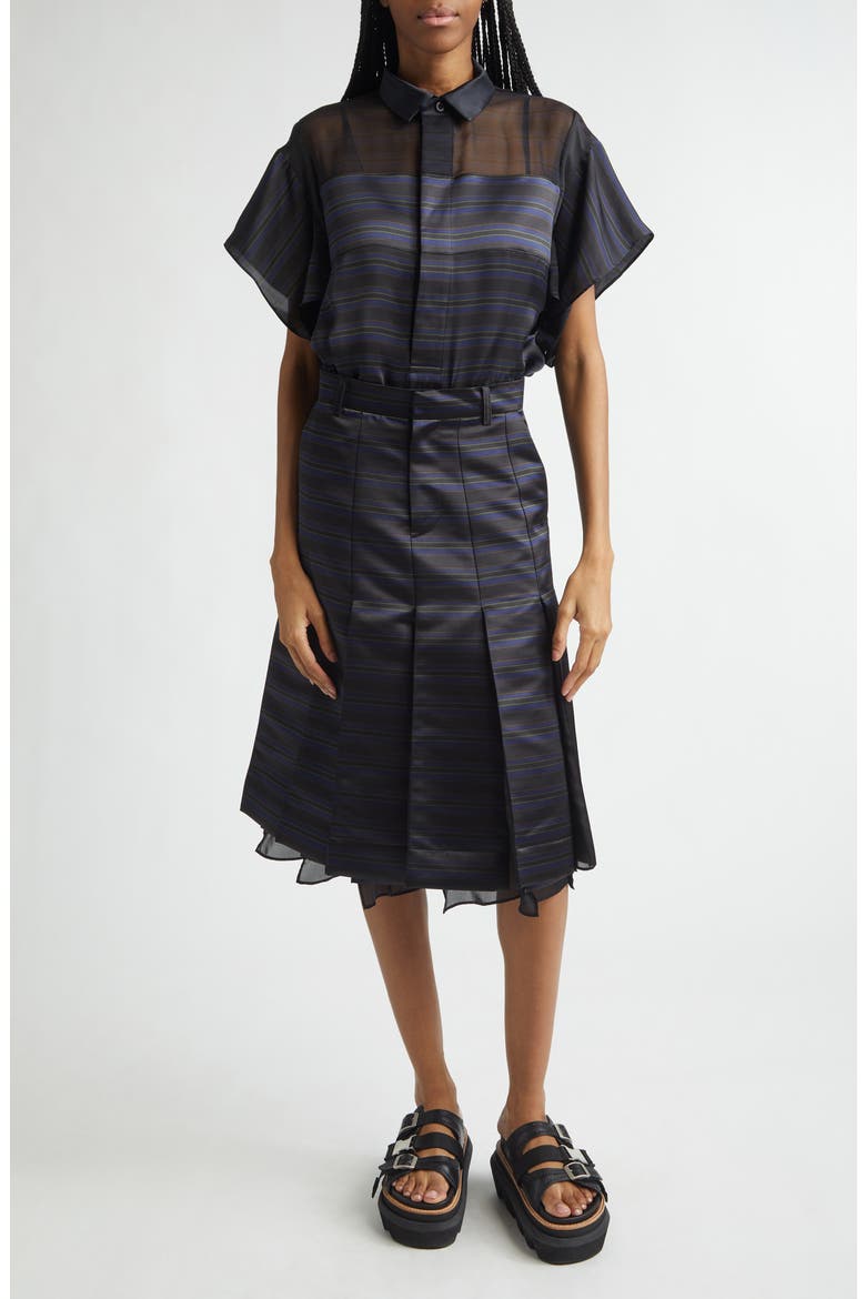 Short Sleeve Mixed Media Button-Up Shirt, Alternate, color, BLACK/ NAVY