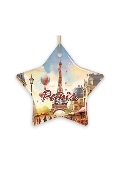 Paris Eiffel Tower Watercolor Star Ceramic Ornament