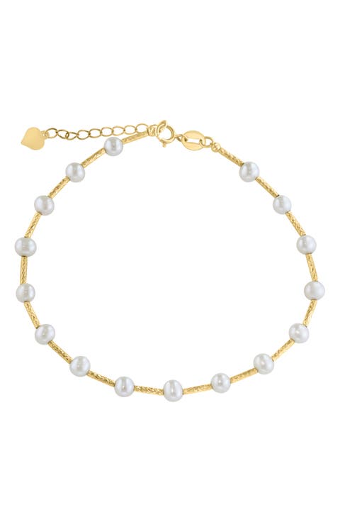 14K Gold 4mm Freshwater Pearl Station Bracelet