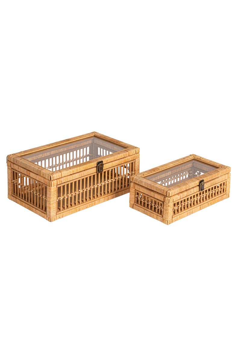 Storied Home Rattan and wood Nestable Storage Boxes with Glass Lids, Natural, Set of 2, Main, color, Natural