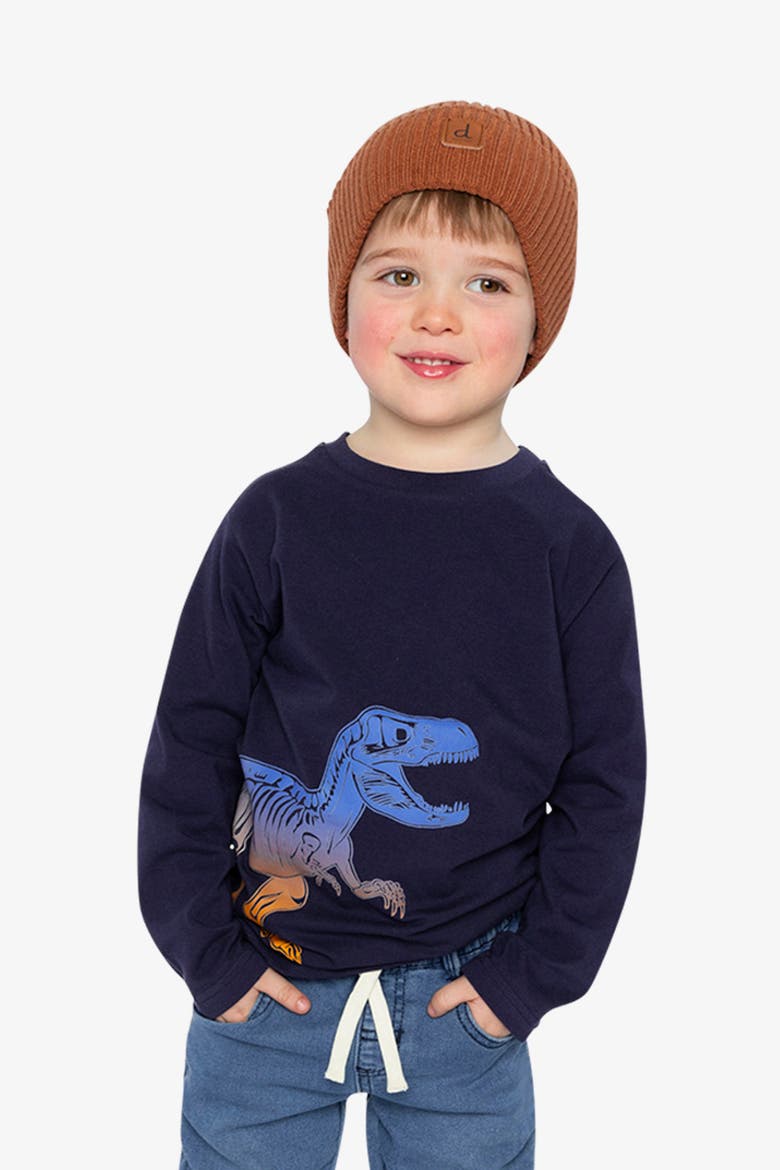 Long Sleeve Organic Cotton Dino Crew Neck T-Shirt, Alternate, color, Dark Blue and Orange