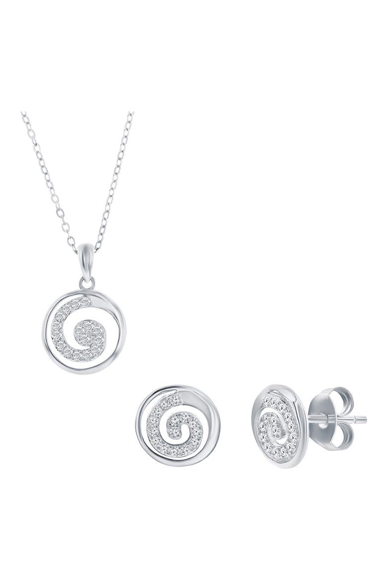 Pavé Cubic Zirconia Swirl Stud Earrings & Necklace Set, Main, color, SILVER