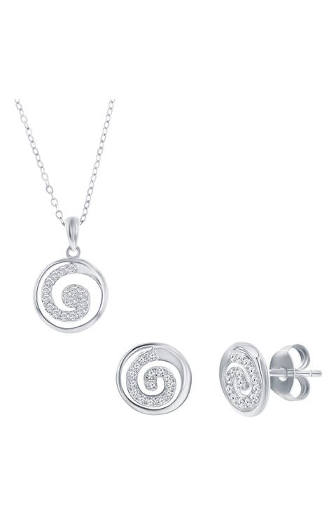 Pavé Cubic Zirconia Swirl Stud Earrings & Necklace Set