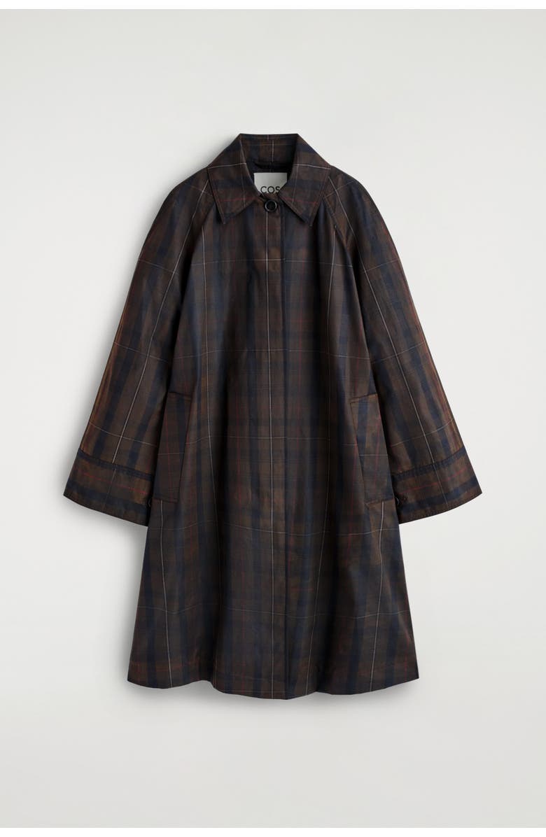 COS Checked Waxed-Cotton Car Coat, Alternate, color, Khaki / Checked