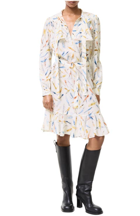 Ruffled Feather Print Silk Dress