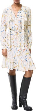 Burberry Ruffled Feather Print Silk Dress