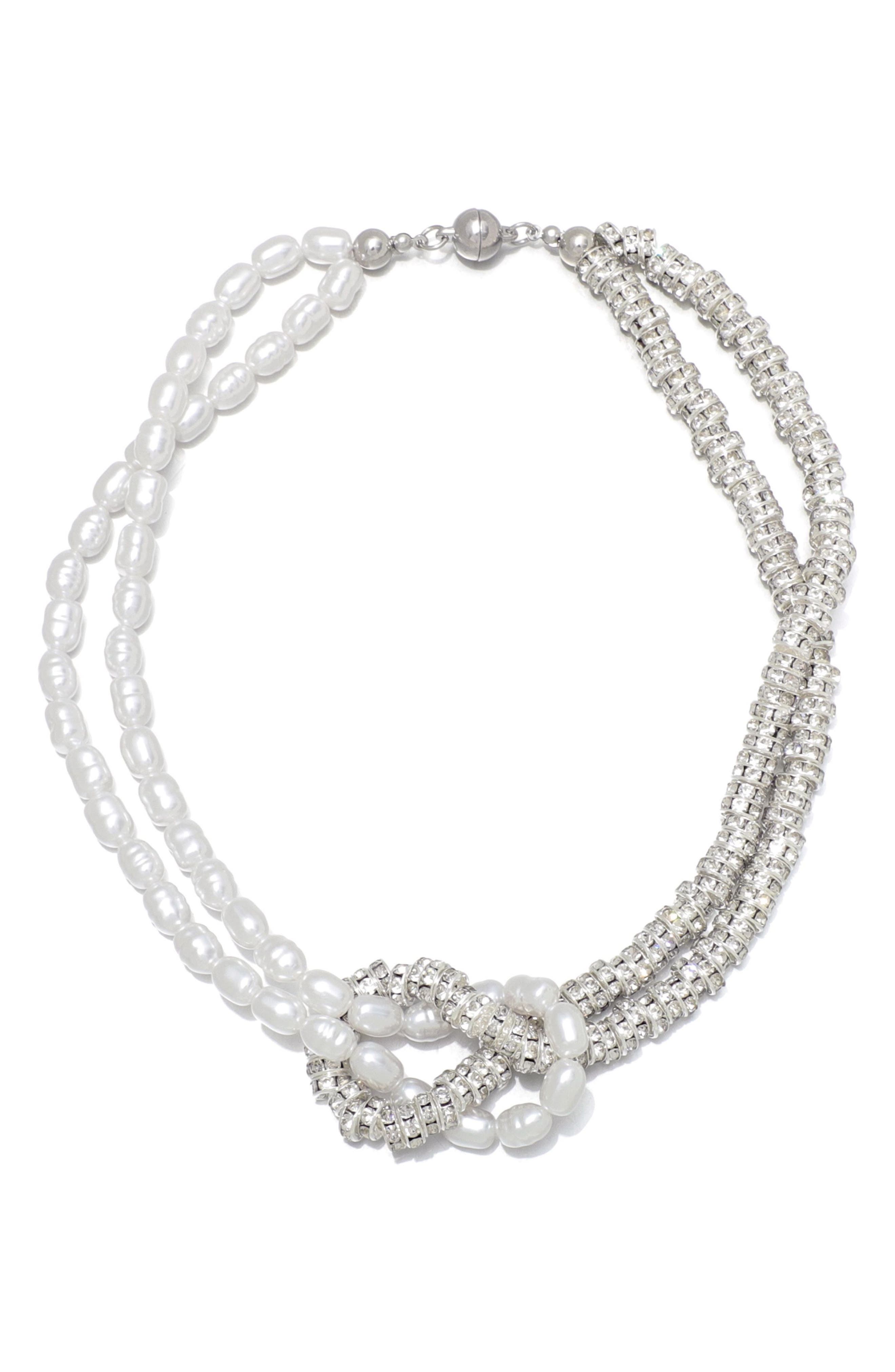 Knotted Imitation Pearl and Crystal Double Strand Necklace