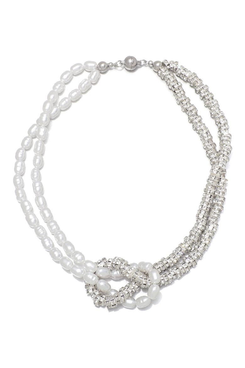 Knotted Imitation Pearl and Crystal Double Strand Necklace, Main, color, WHITE/ SILVER