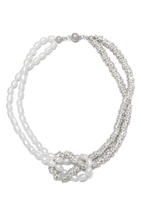 Knotted Imitation Pearl and Crystal Double Strand Necklace