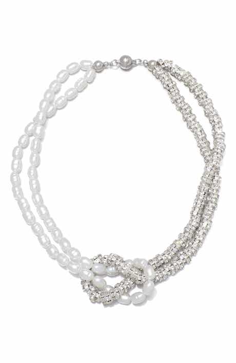 Knotted Imitation Pearl and Crystal Double Strand Necklace