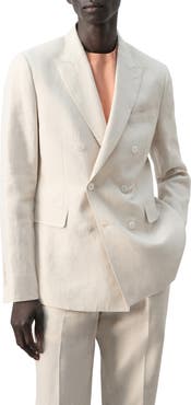 MANGO Amalfi Slim Fit Tan Linen Double Breasted Suit Jacket