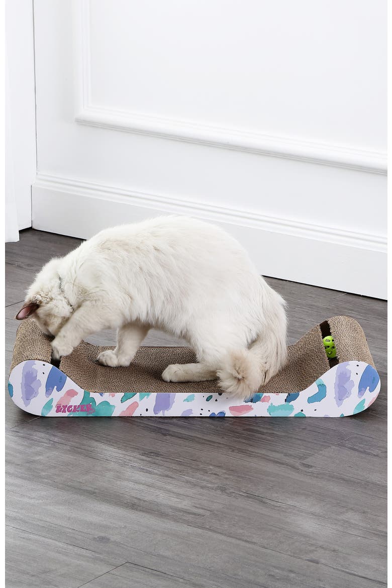 Rini Modern Cardboard Lounge Bed Cat Scratcher with Built-In Bell Toys and Catnip, Alternate, color, White/Multi
