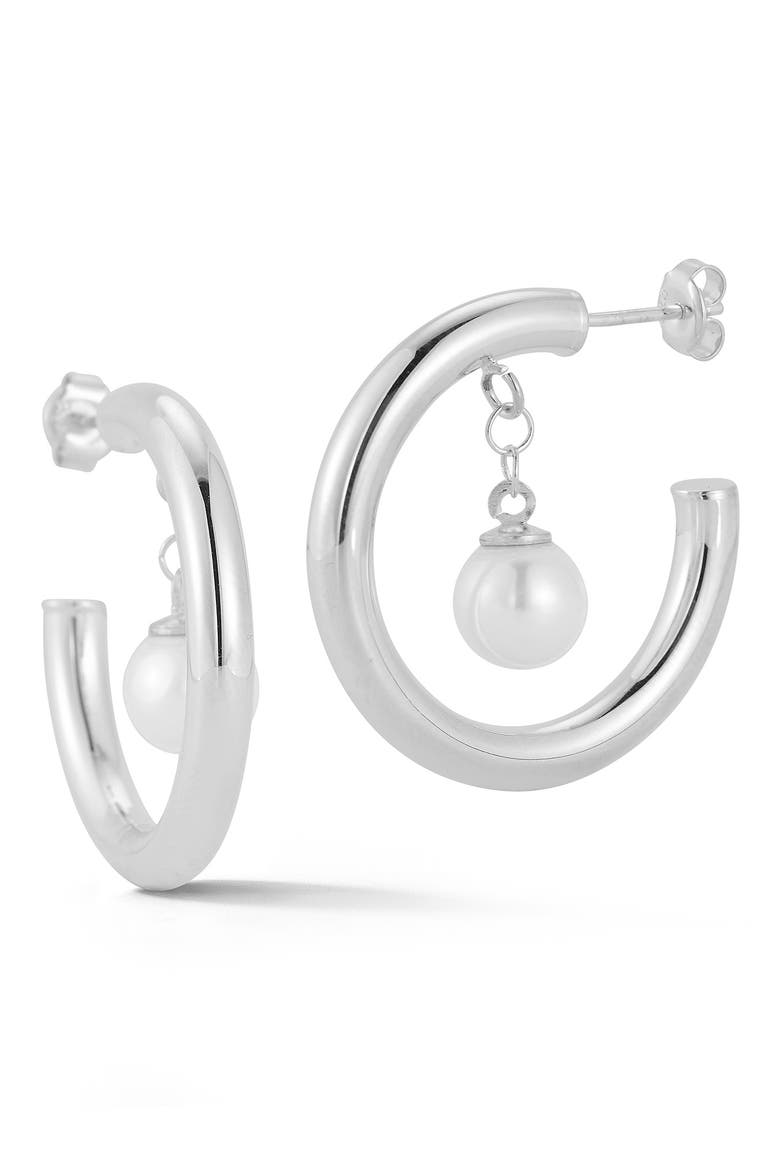 Cultured Pearl Drop Hoop Earrings, Main, color, SILVER