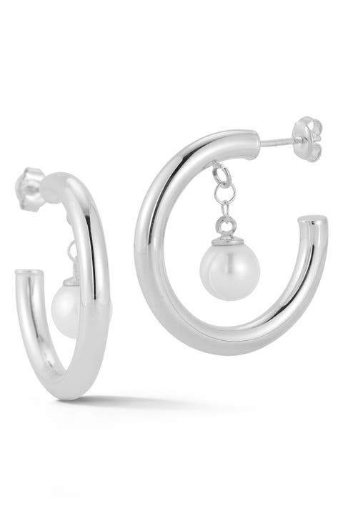 Cultured Pearl Drop Hoop Earrings