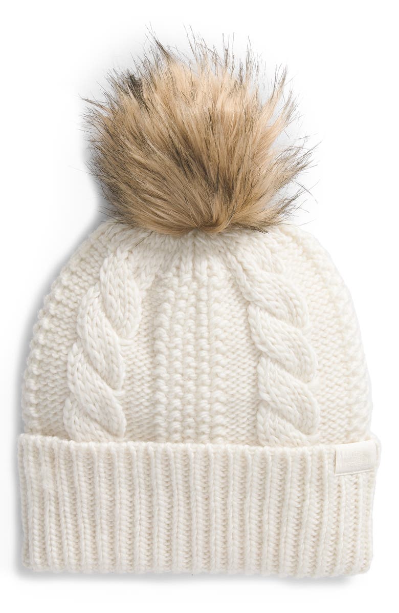 The North Face Oh Mega Faux Fur Pom Beanie, Main, color, White Dune