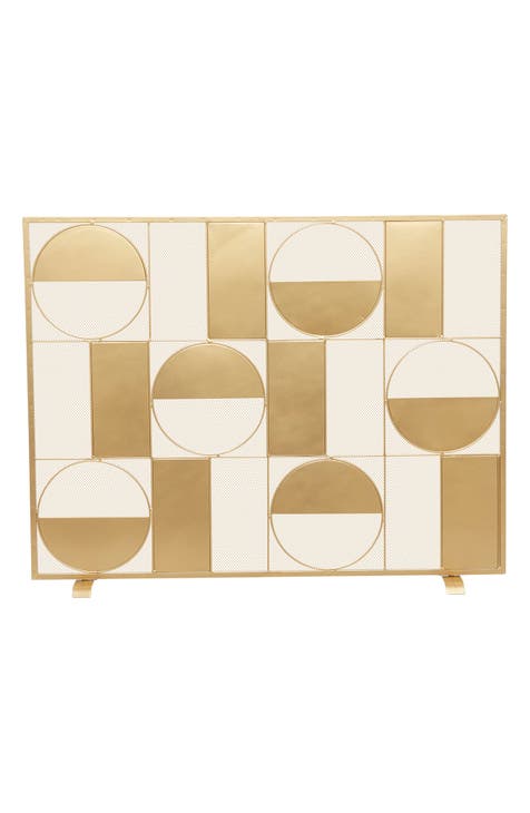 Goldtone Metal Cutout Single Panel Geometric Fireplace Screen with Mesh Netting