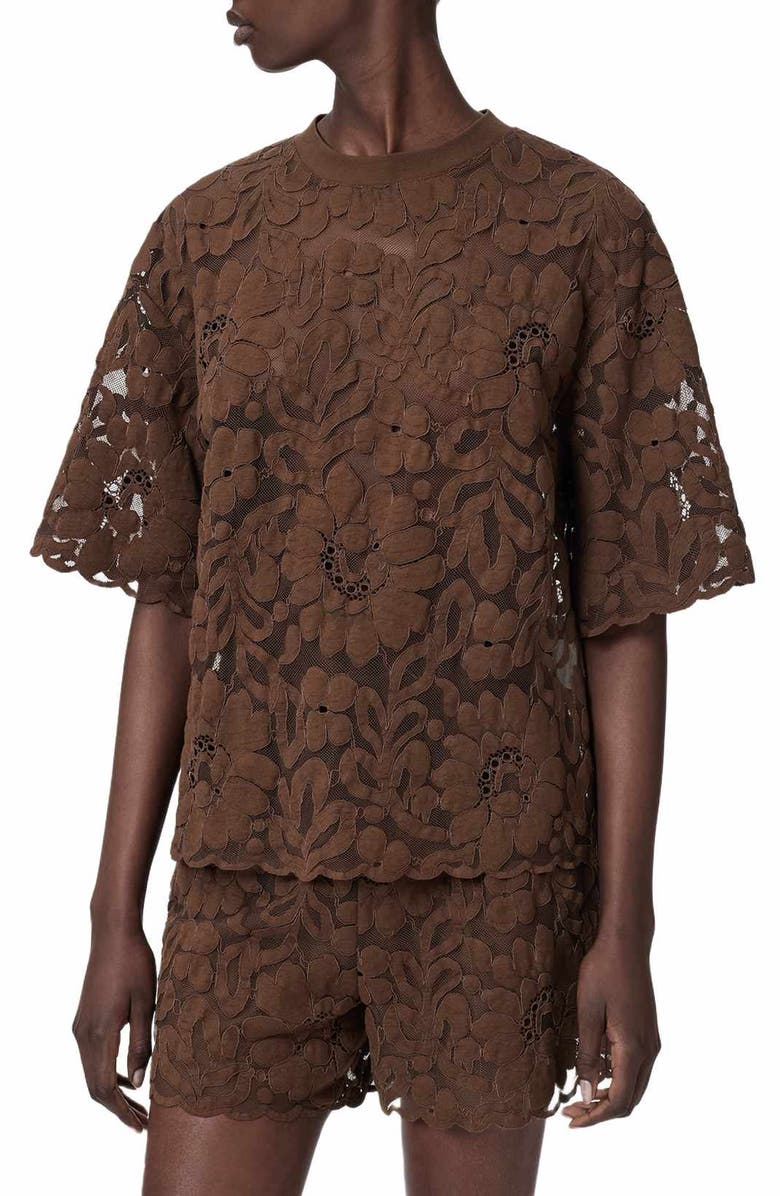 AllSaints Amelie Floral Lace T-Shirt, Main, color, Bitter Brown