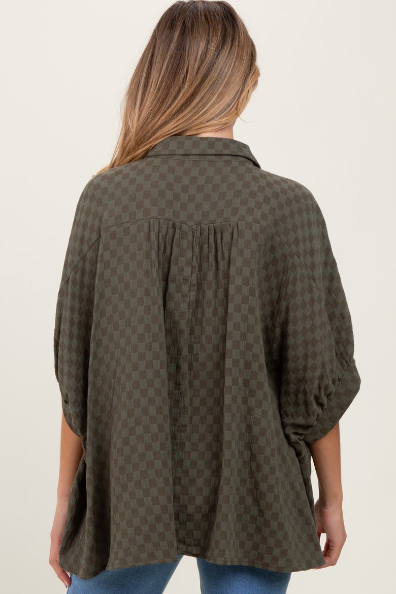 Checker Print Short Sleeve Oversized Blouse, Alternate, color, Olive Green