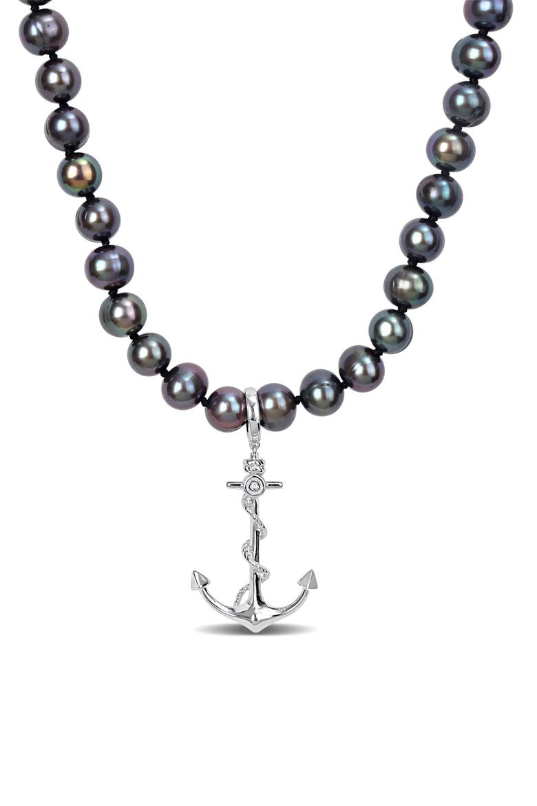 Men's Cultured Freshwater Pearl Anchor Pendant Necklace, Main, color, BLACK