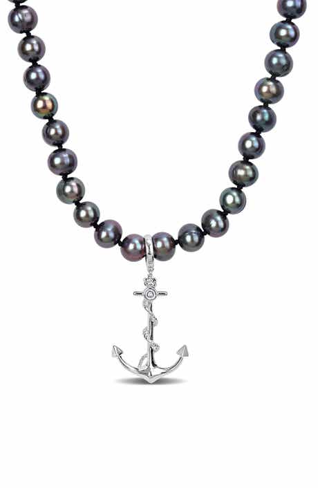 DELMAR Men's Cultured Freshwater Pearl Anchor Pendant Necklace