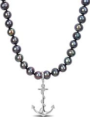 DELMAR Men's Cultured Freshwater Pearl Anchor Pendant Necklace