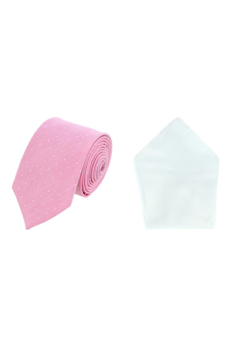 Churchill Chambray Polka Dot Necktie & Gatsby Silk Pocket Square Bundle, Main, color, Pink & White