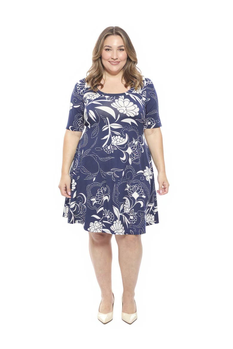 Plus Size Floral Scoop Neck Elbow Sleeve Knee Length A-Line Dress, Main, color, Navy Multi