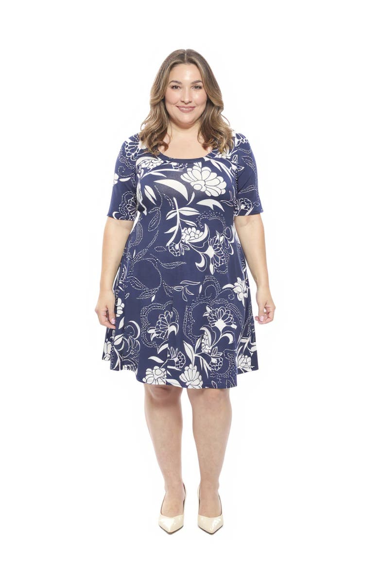 24seven Comfort Apparel Plus Size Floral Scoop Neck Elbow Sleeve Knee Length A-Line Dress, Main, color, Navy Multi