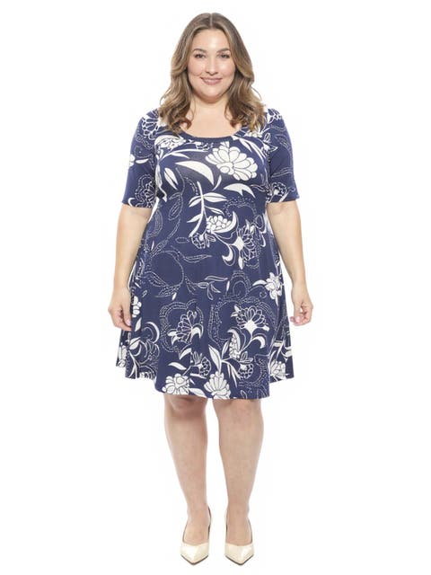 Plus Size Floral Scoop Neck Elbow Sleeve Knee Length A-Line Dress