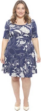 24seven Comfort Apparel Plus Size Floral Scoop Neck Elbow Sleeve Knee Length A-Line Dress