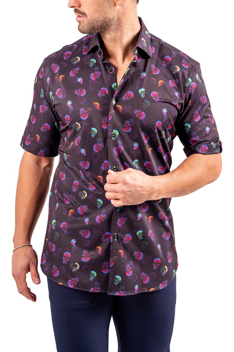 Galileo Resistance0347 Black Skull Print Short Sleeve Cotton Button-Up Shirt, Alternate, color, BLACK