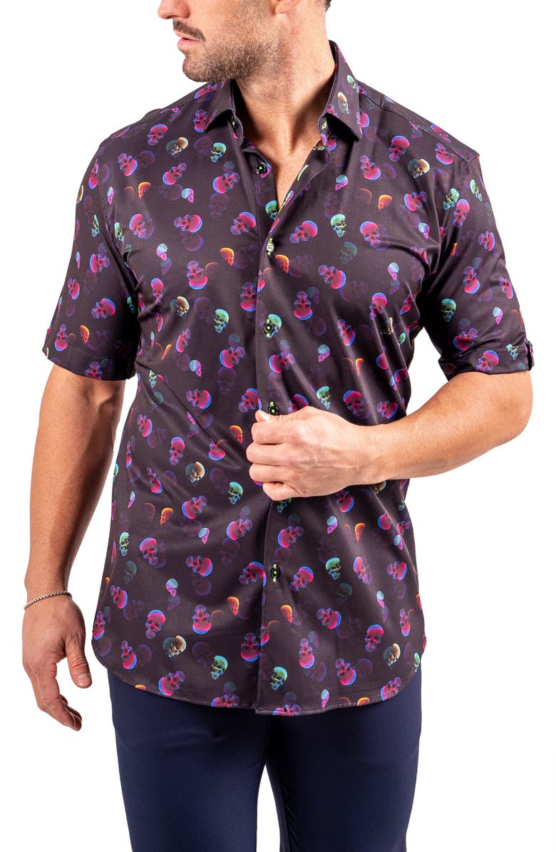 Maceoo Galileo Resistance0347 Black Skull Print Short Sleeve Cotton Button-Up Shirt, Alternate, color, Black