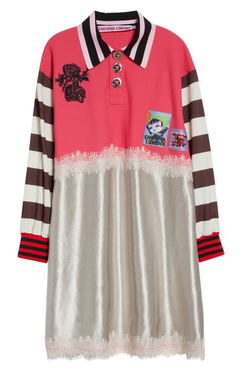 Long Sleeve Piqué & Satin Polo Dress