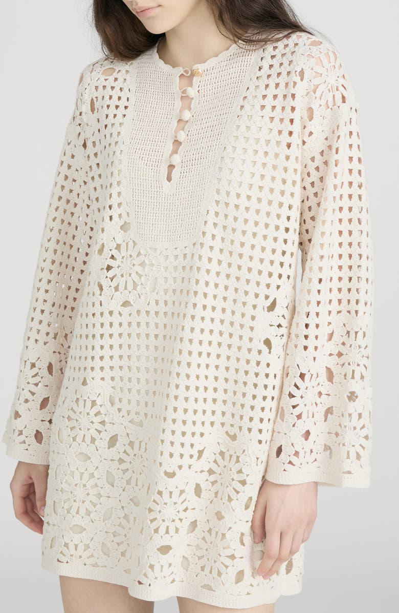 FRAME The Postcard Open Stitch Long Sleeve Cotton Minidress, Alternate, color, Cream