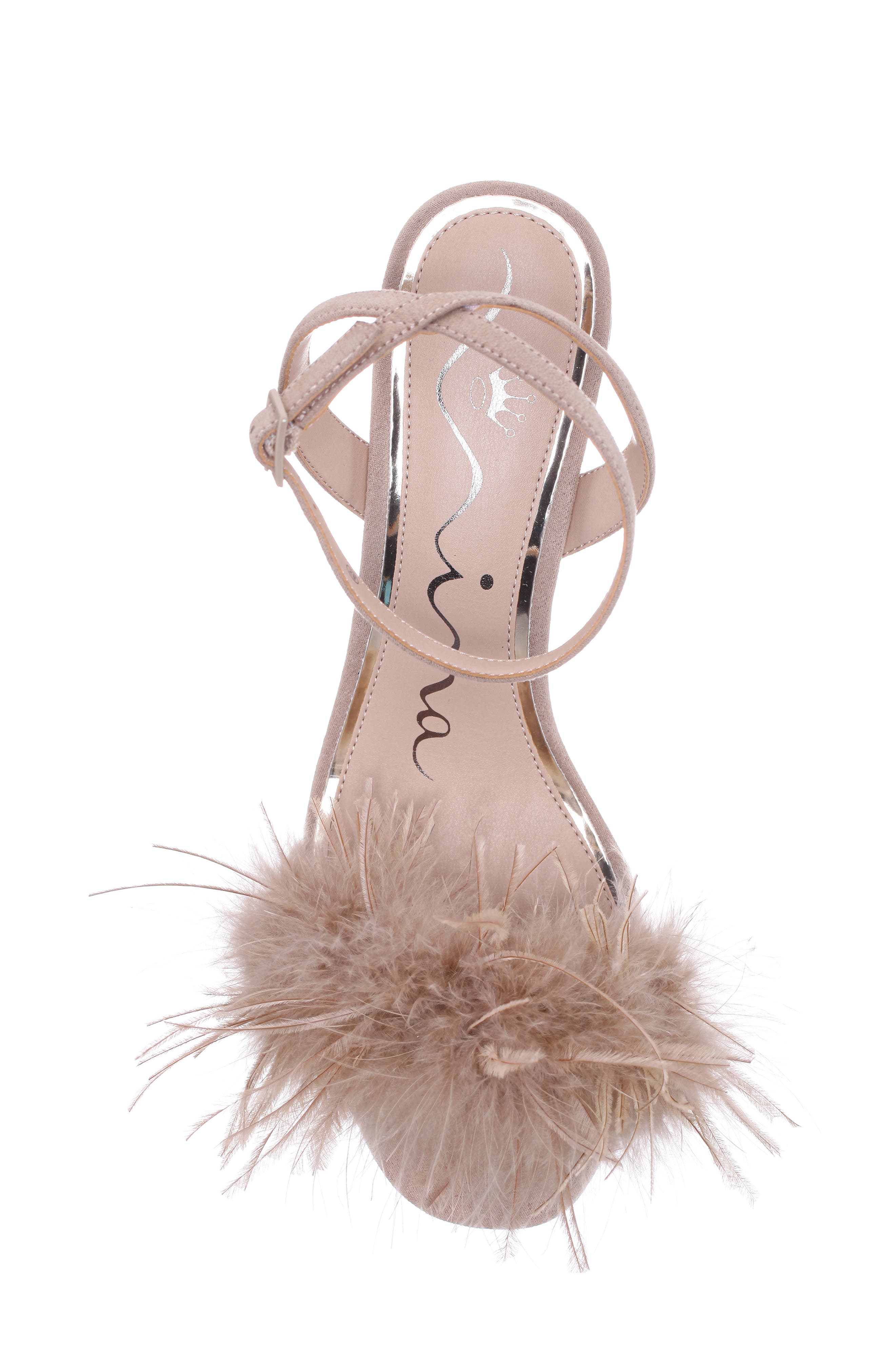Bev Ankle Strap Faux Feather Sandal, Alternate, color, ALAMO TAN