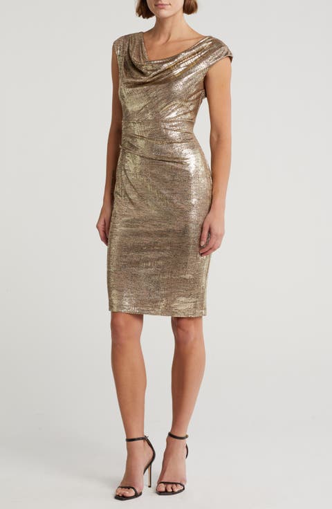 Drape Neck Side Pleat Sheath Dress
