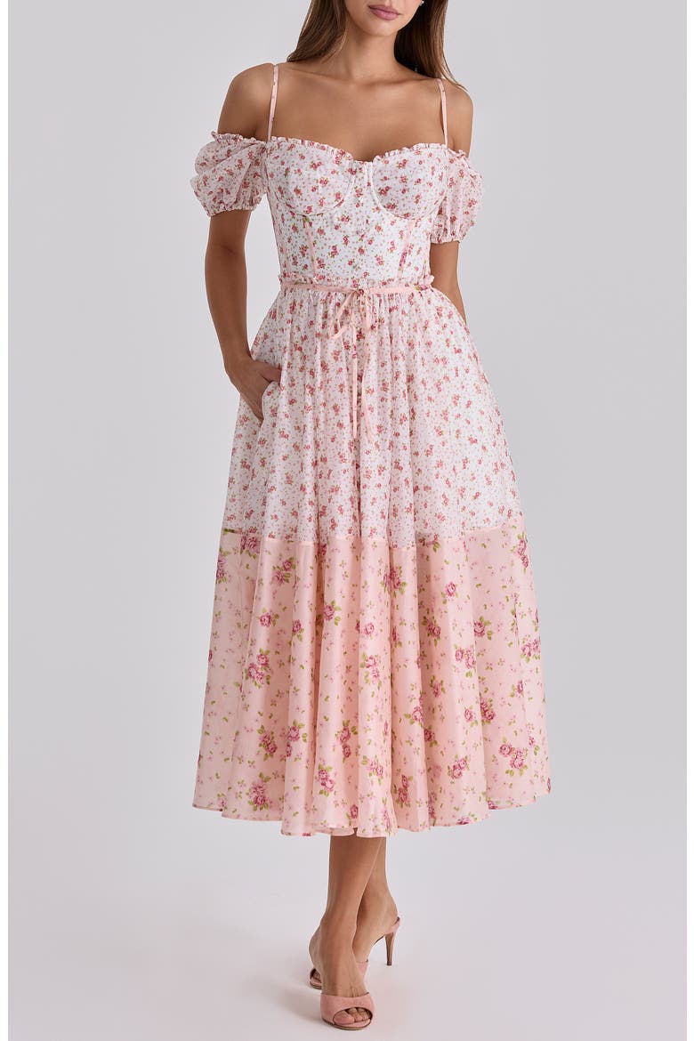 Penelope Floral Puff Sleeve Corset Chiffon Midi Dress, Main, color, PINK ROSE